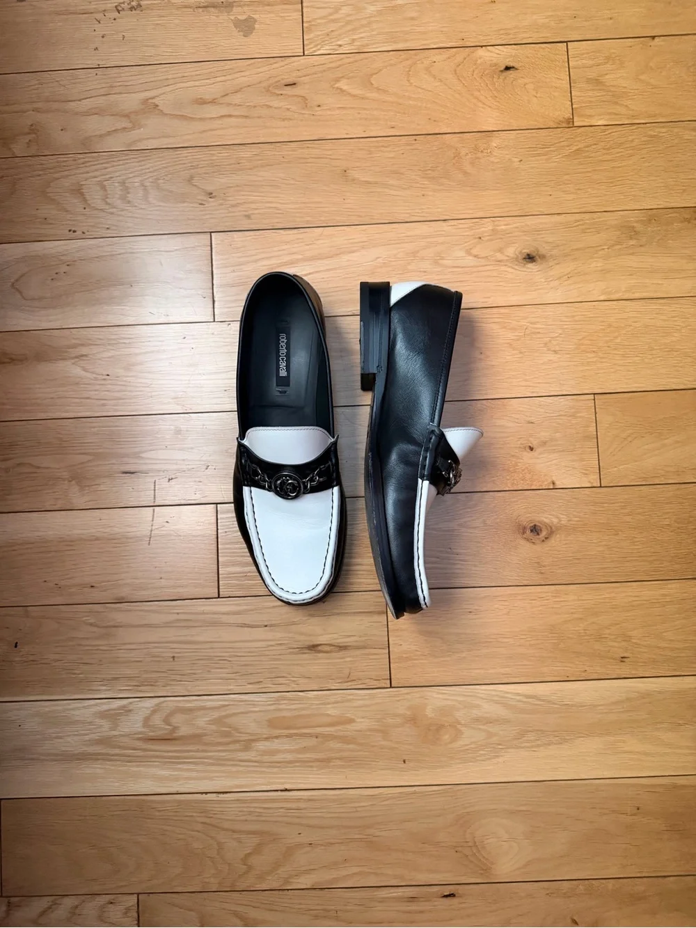 Roberto Cavalli Black and White Leather Loafers